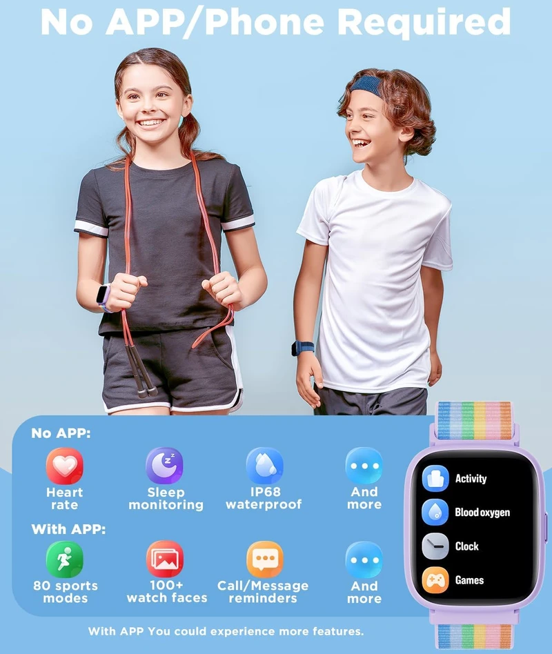 BIGGERFIVE vaikiškas išmanusis laikrodis su 1.8 col. HD ekranu, Bluetooth, IP68, BW02