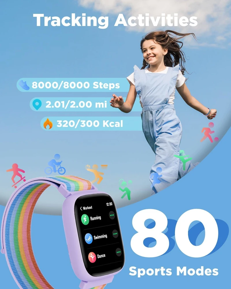 BIGGERFIVE vaikiškas išmanusis laikrodis su 1.8 col. HD ekranu, Bluetooth, IP68, BW02