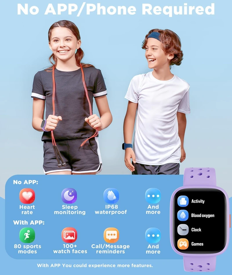 BIGGERFIVE vaikiškas išmanusis laikrodis su 1.8 col. ekranu, Bluetooth ir IP68 BW02