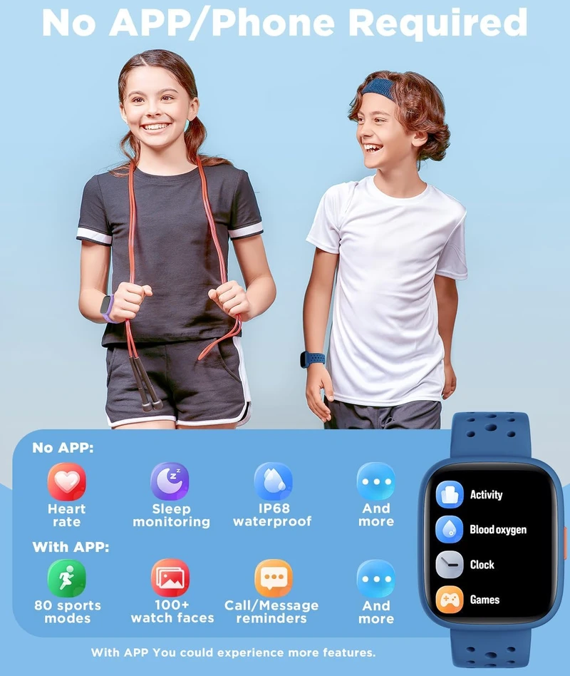 BIGGERFIVE vaikiškas išmanusis laikrodis su 1,8 col. ekranu, Bluetooth ir IP68 BW02