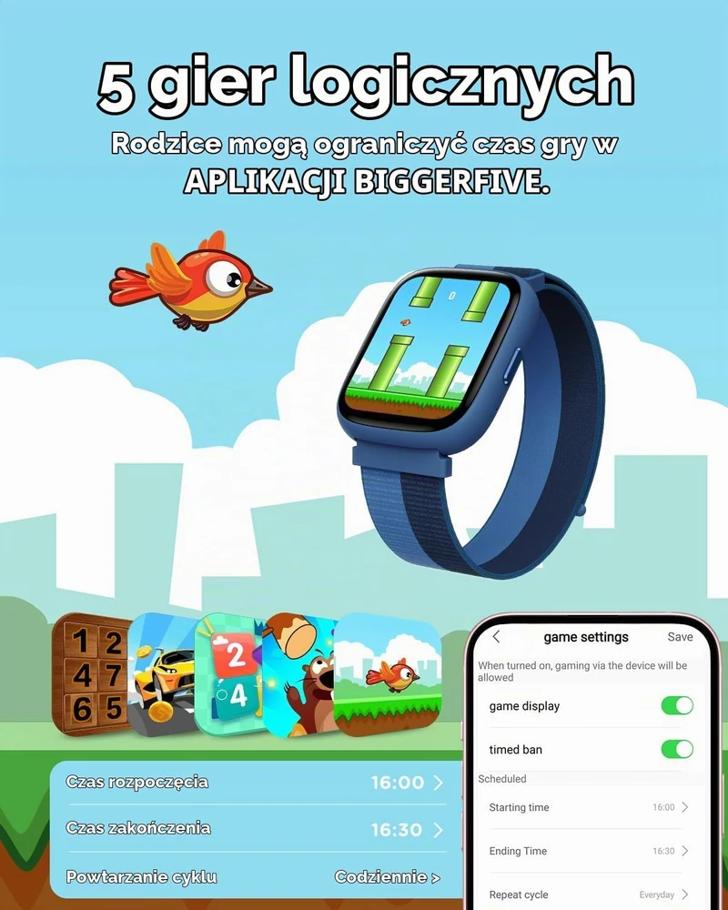 BIGGERFIVE vaikiškas išmanusis laikrodis su 1.8 col. ekranu, Bluetooth, IP68, BW02