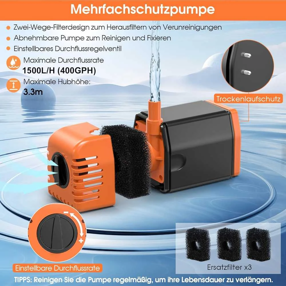 Biling saulės energija varoma fontano pompa su 4 antgaliais, 35 W, 1500 l/h, PY2335WO