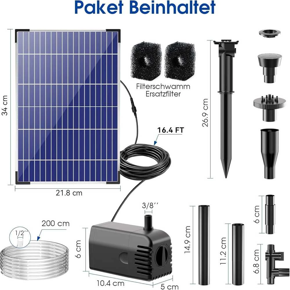 Biling saulės energijos vandens fontano pompa 12 W, 605 l/h, 4 antgaliai, sodo tvenkiniams, PY2312WB