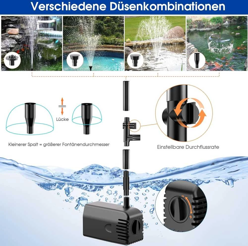Biling saulės energijos vandens fontano pompa 12 W, 605 l/h, 4 antgaliai, sodo tvenkiniams, PY2312WB