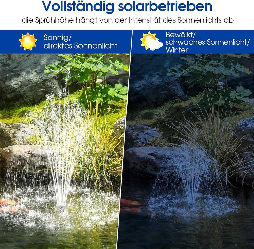 Biling saulės energijos vandens fontano pompa 12 W, 605 l/h, 4 antgaliai, sodo tvenkiniams, PY2312WB