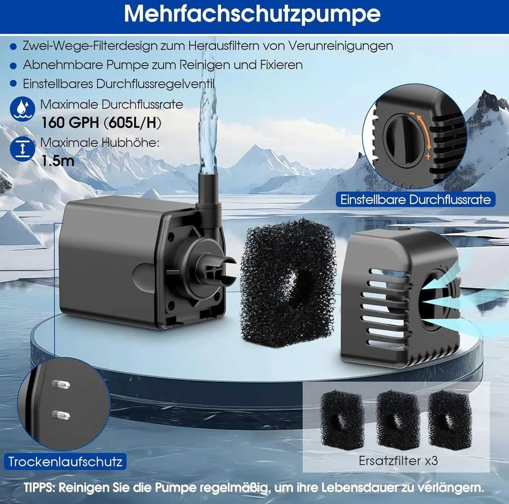 Biling saulės energijos vandens fontano pompa 12 W, 605 l/h, 4 antgaliai, sodo tvenkiniams, PY2312WB