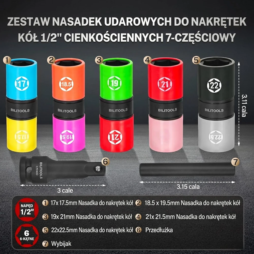 BILITOOLS plonasienių smūginių galvučių komplektas ratų veržlėms 1/2 col., 7 vnt., B1R95484