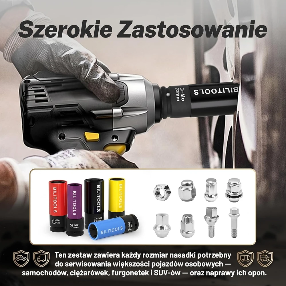 BILITOOLS smūginių ratų veržlių galvučių rinkinys 1/2 col., 15–22 mm, B1R95499
