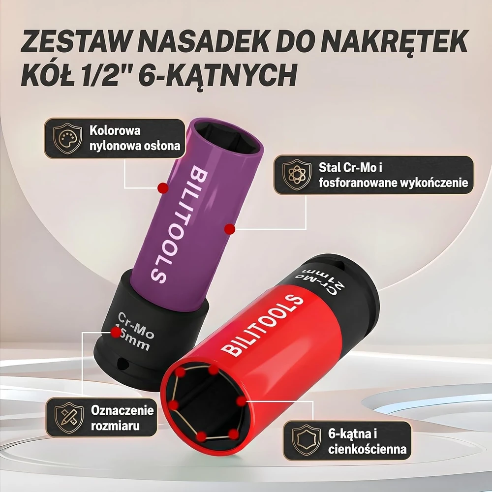 BILITOOLS smūginių ratų veržlių galvučių rinkinys 1/2 col., 15–22 mm, B1R95499
