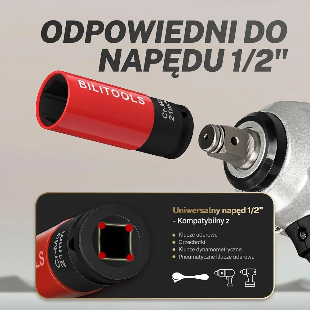 BILITOOLS smūginių ratų veržlių galvučių rinkinys 1/2 col., 15–22 mm, B1R95499