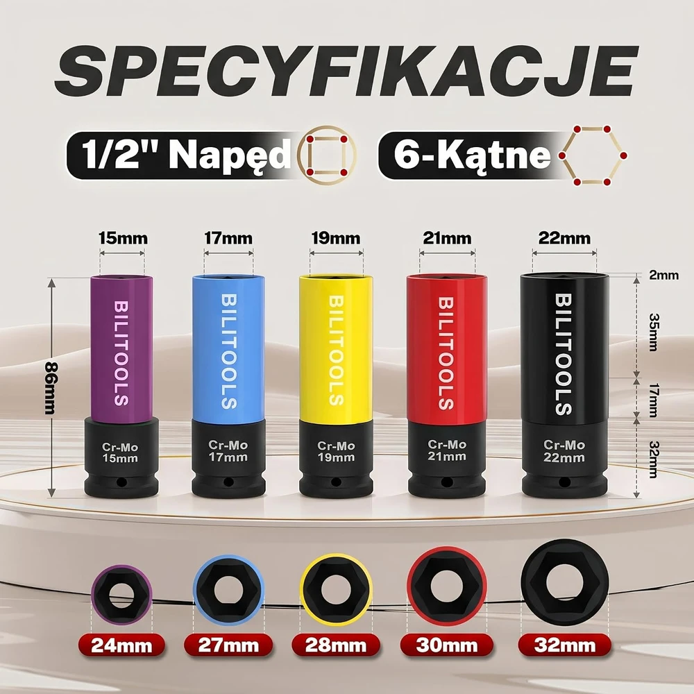 BILITOOLS smūginių ratų veržlių galvučių rinkinys 1/2 col., 15–22 mm, B1R95499