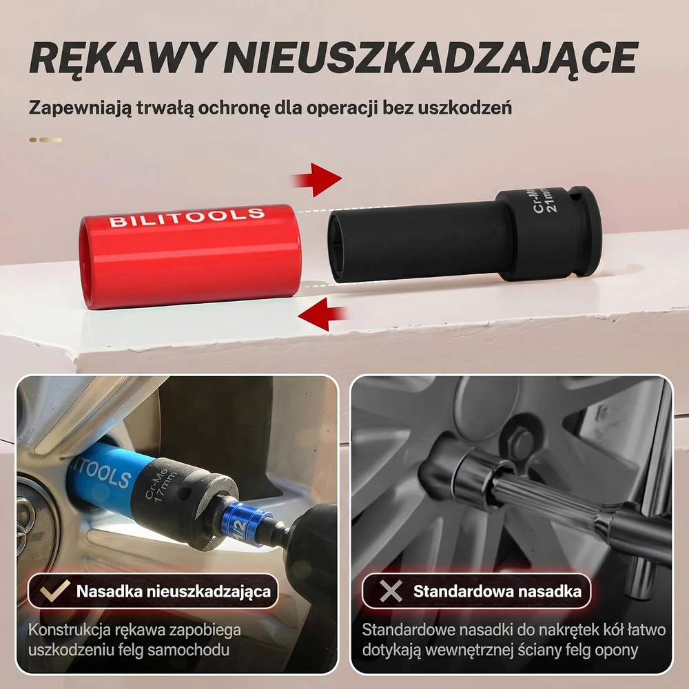 BILITOOLS smūginių ratų veržlių galvučių rinkinys 1/2 col., 15–22 mm, B1R95499