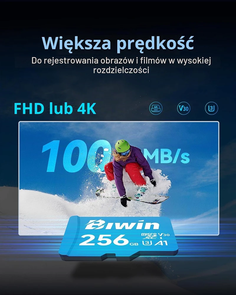 BIWIN 256 GB Micro SDXC atminties kortelė, UHS-I, V30, U3, 10 klasės, MS100