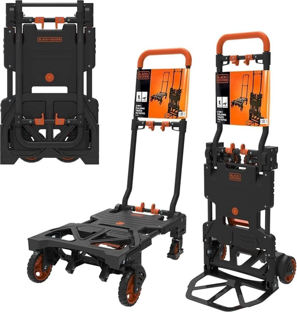 Black & Decker Juodas+DECKER sulankstomas platforminis vežimėlis 2 viename, teleskopinė rankena, maksimali apkrova 120 kg, BXWT-H206