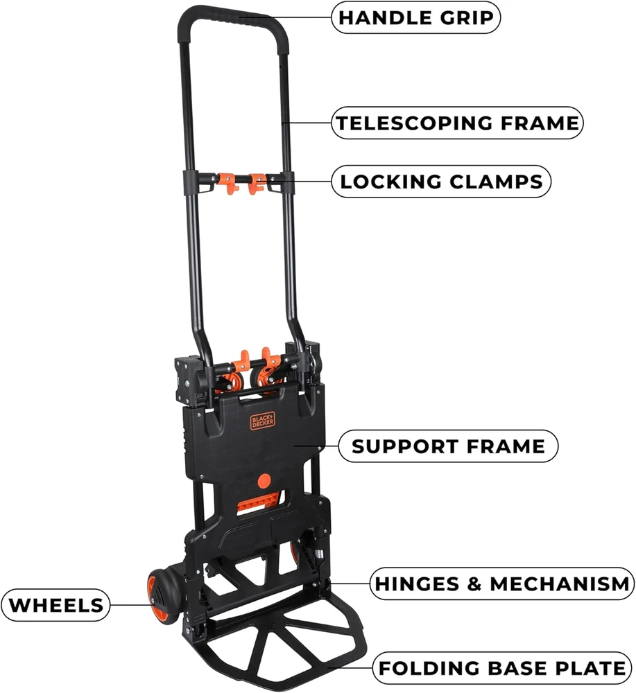 Black & Decker Juodas+DECKER sulankstomas platforminis vežimėlis 2 viename, teleskopinė rankena, maksimali apkrova 120 kg, BXWT-H206