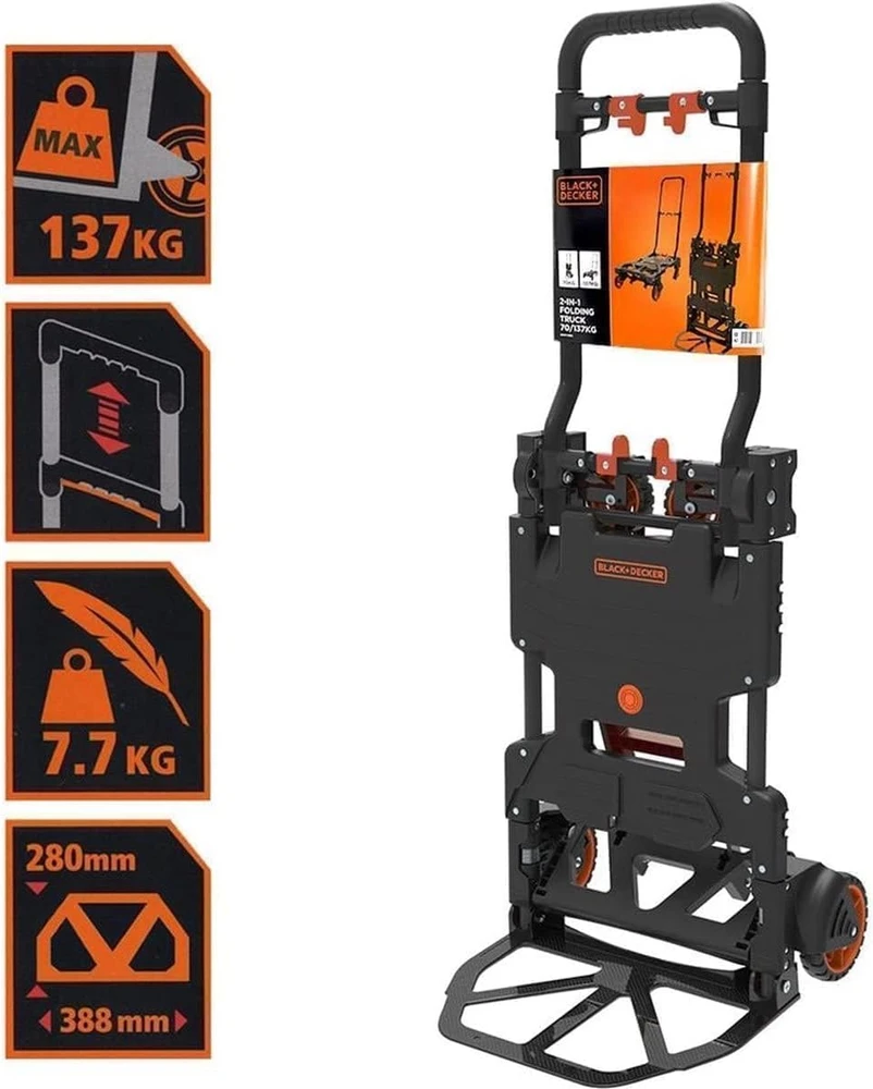 Black & Decker Juodas+DECKER sulankstomas platforminis vežimėlis 2 viename, teleskopinė rankena, maksimali apkrova 120 kg, BXWT-H206