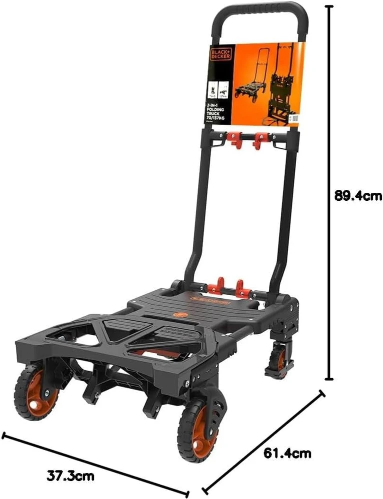 Black & Decker Juodas+DECKER sulankstomas platforminis vežimėlis 2 viename, teleskopinė rankena, maksimali apkrova 120 kg, BXWT-H206