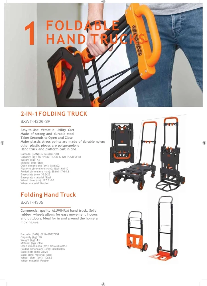 Black & Decker Juodas+DECKER sulankstomas platforminis vežimėlis 2 viename, teleskopinė rankena, maksimali apkrova 120 kg, BXWT-H206