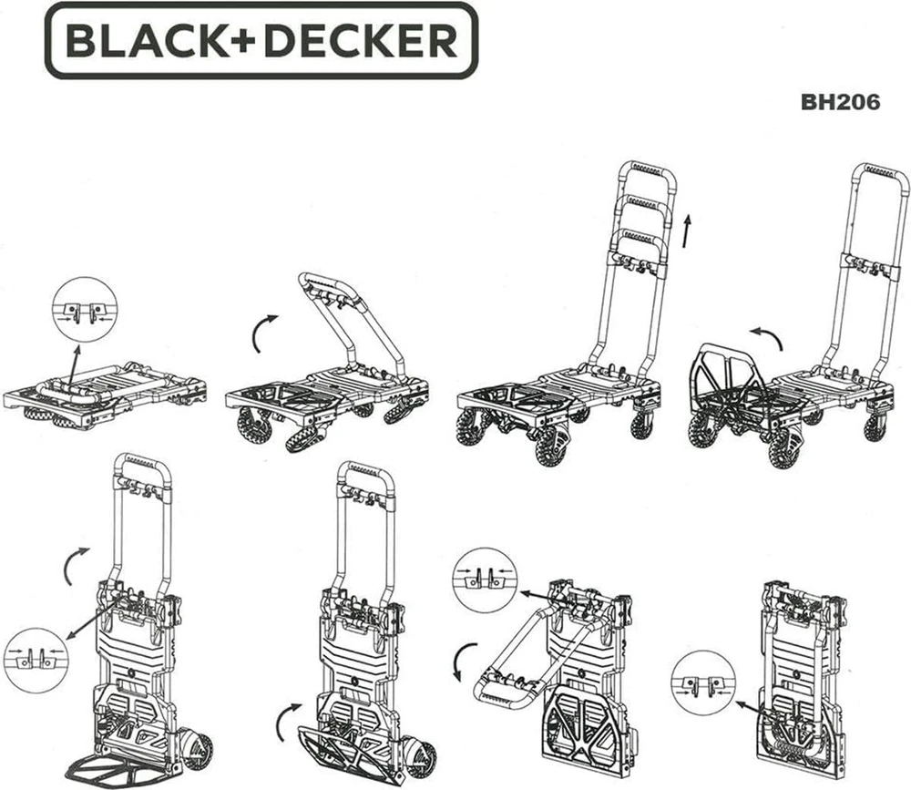 Black & Decker Juodas+DECKER sulankstomas platforminis vežimėlis 2 viename, teleskopinė rankena, maksimali apkrova 120 kg, BXWT-H206