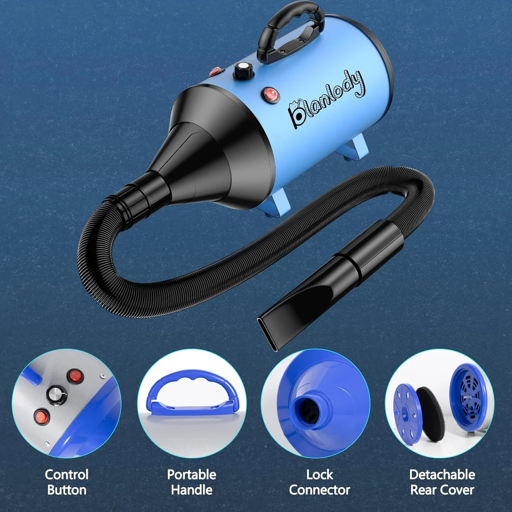 Blanlody šunų kailio džiovintuvas 3800 W, 5,2 HP, su 4 antgaliais, mėlynas