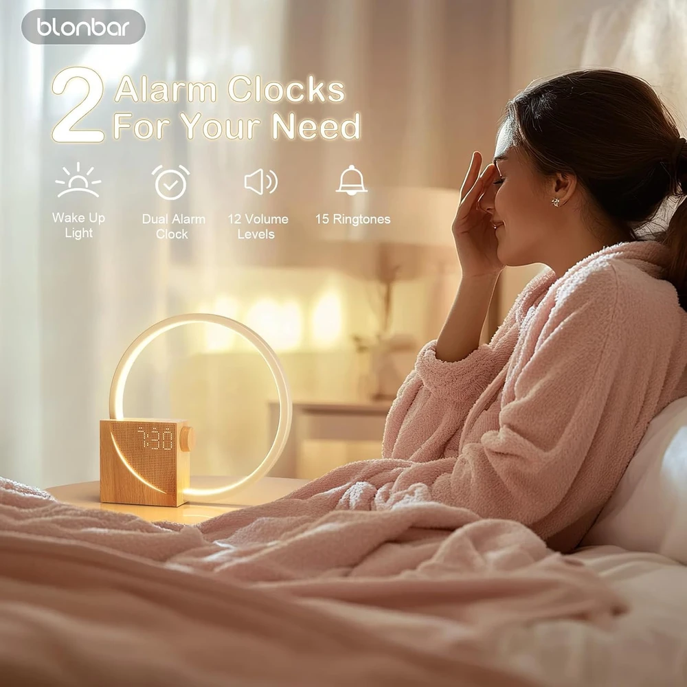 blonbar naktinė LED lempa su žadintuvu, USB įkrovimu 10 W ir liečiamu valdymu AJ310B