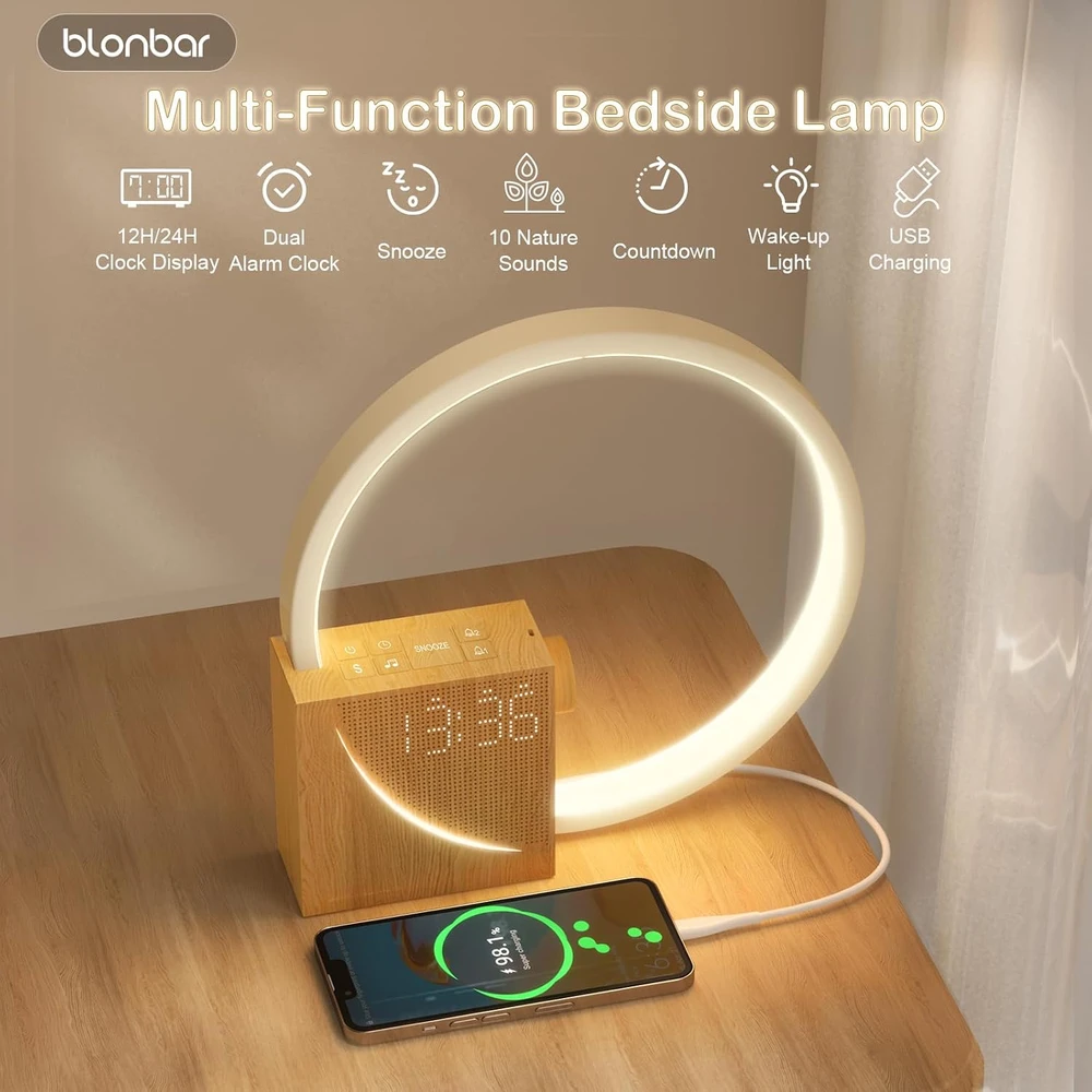 blonbar naktinė LED lempa su žadintuvu, USB įkrovimu 10 W ir liečiamu valdymu AJ310B