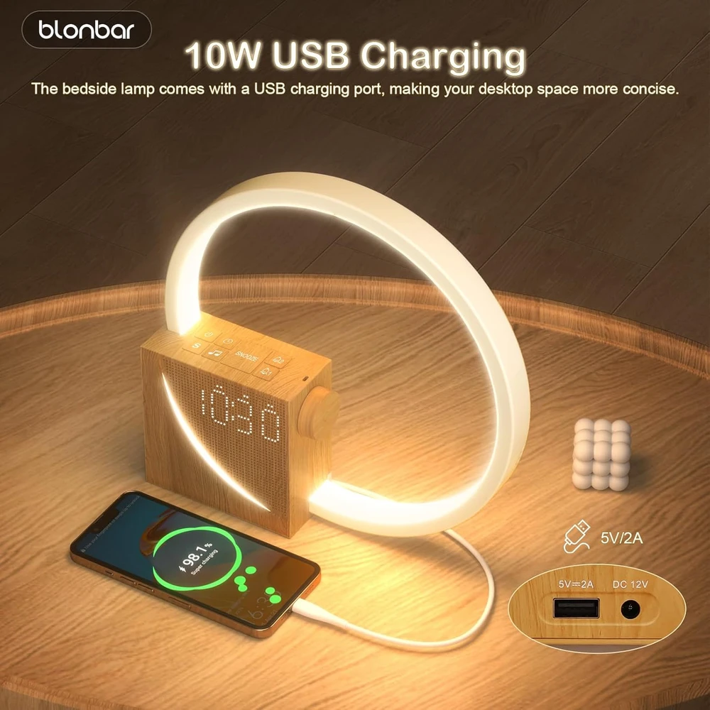 blonbar naktinė LED lempa su žadintuvu, USB įkrovimu 10 W ir liečiamu valdymu AJ310B