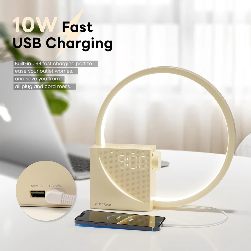 blonbar naktinė LED lempa su žadintuvu, USB 10 W įkrovimu ir lietiminiu valdymu AJ300DBeige