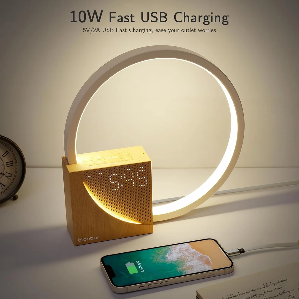 blonbar naktinė stalinė LED lempa 10 W su USB įkrovimu ir žadintuvu AJ300F