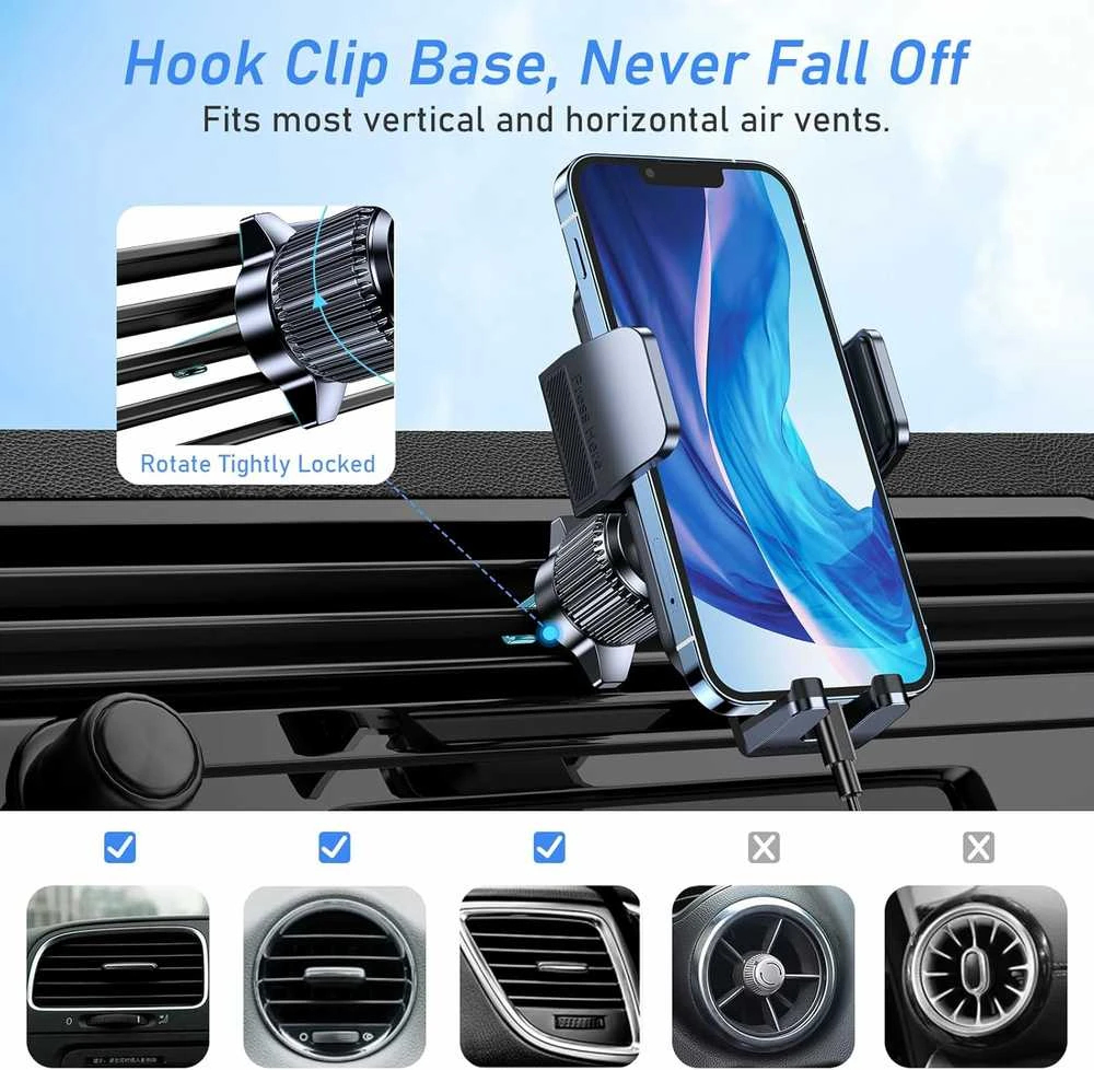 Blukar automobilinis telefono laikiklis ant oro grotelių, 4–7" telefonams, juodas