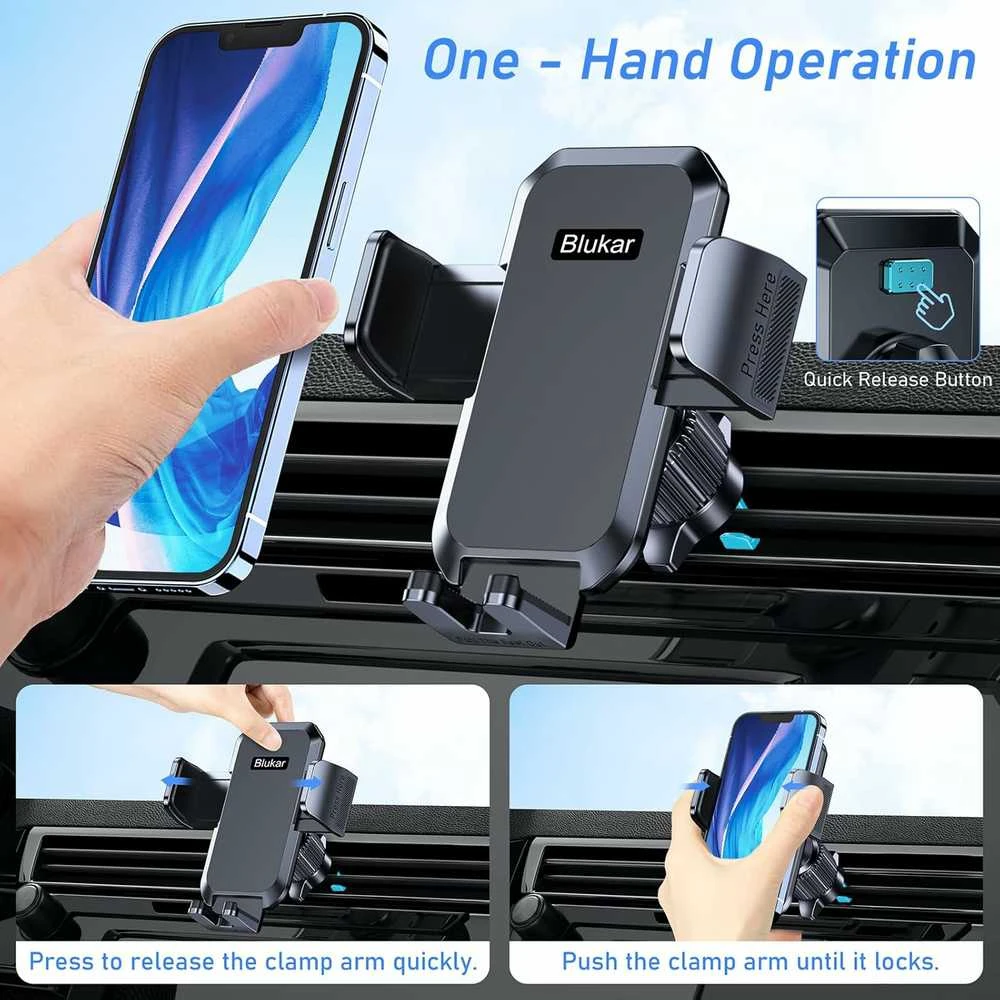 Blukar automobilinis telefono laikiklis ant oro grotelių, 4–7" telefonams, juodas