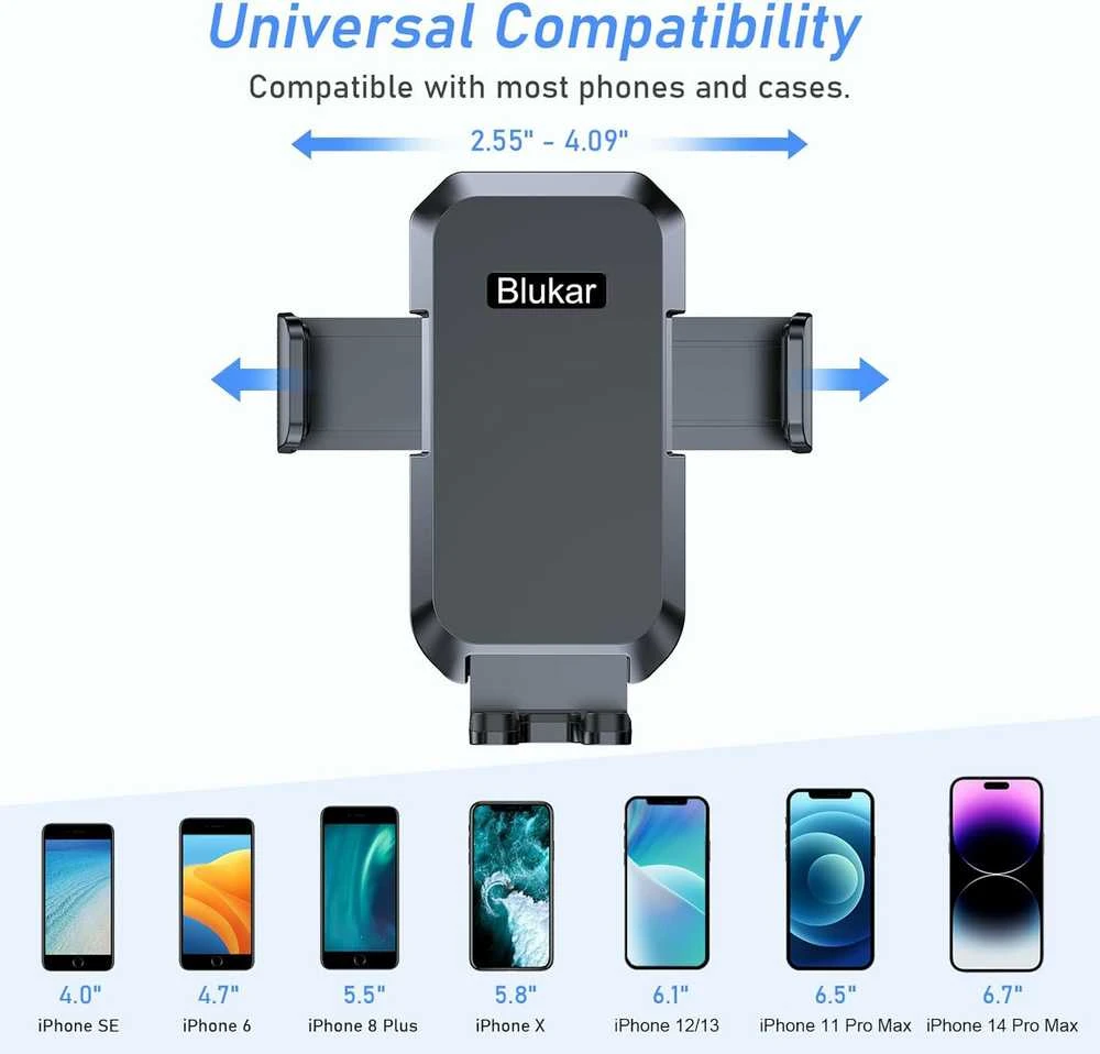 Blukar automobilinis telefono laikiklis ant oro grotelių, 4–7" telefonams, juodas