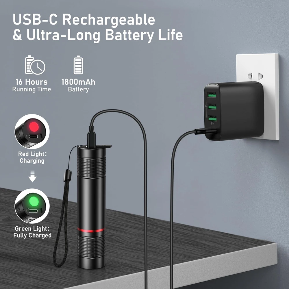 Blukar LED žibintuvėlis, įkraunamas, 2000 lm, aliuminis, 1800 mAh, USB-C, K9132