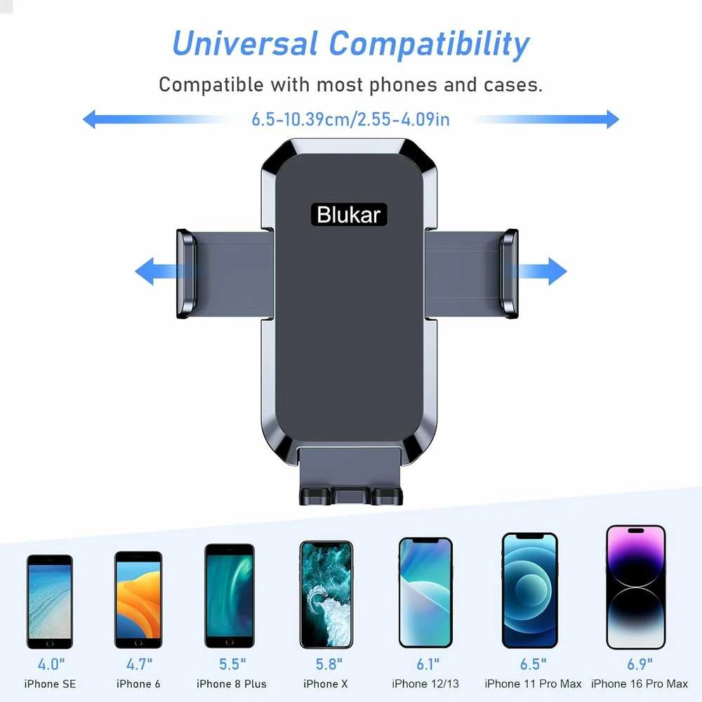 Blukar universalus automobilinis telefono laikiklis, 360° reguliuojamas, prie stiklo ir prietaisų skydelio, juodas