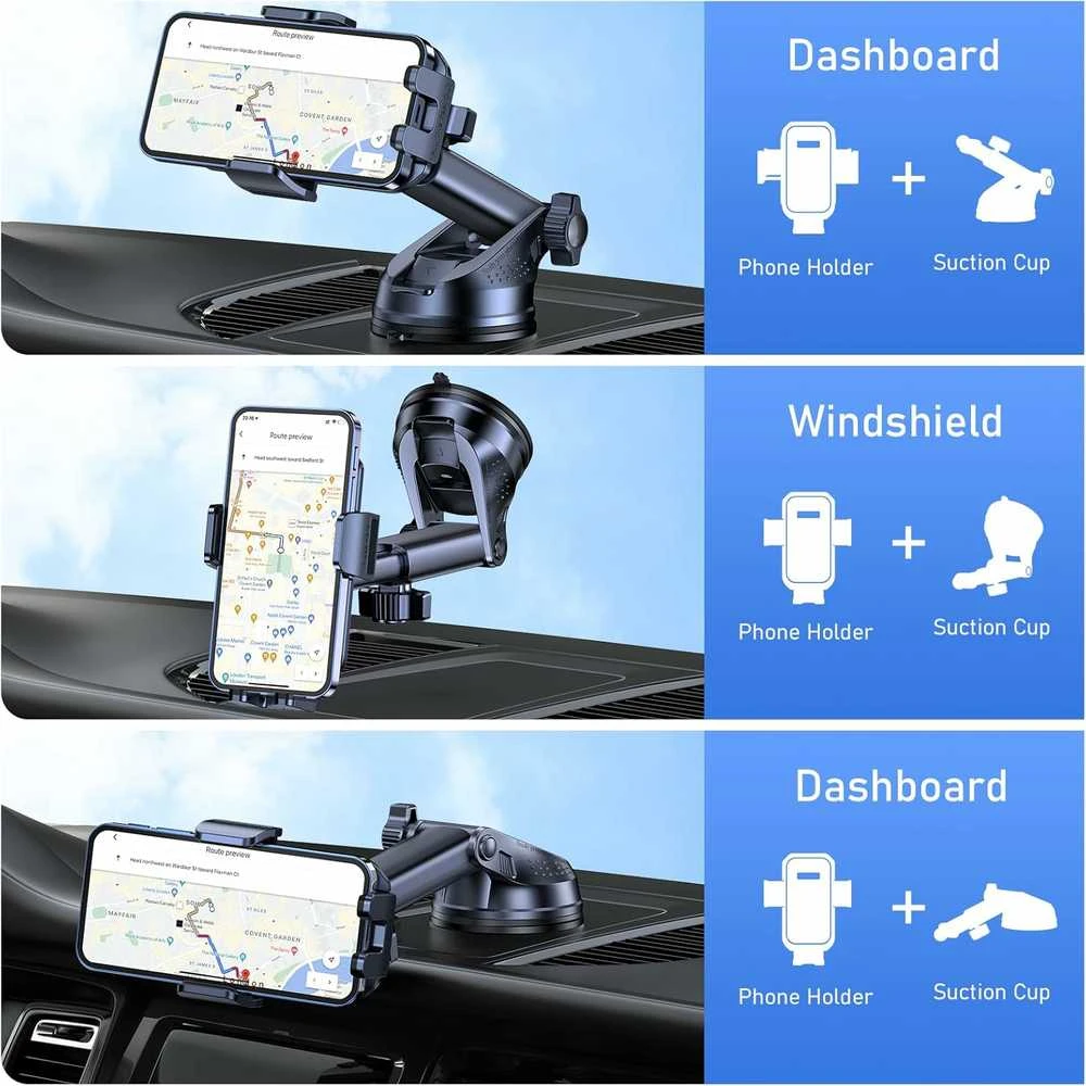 Blukar universalus automobilinis telefono laikiklis, 360° reguliuojamas, prie stiklo ir prietaisų skydelio, juodas