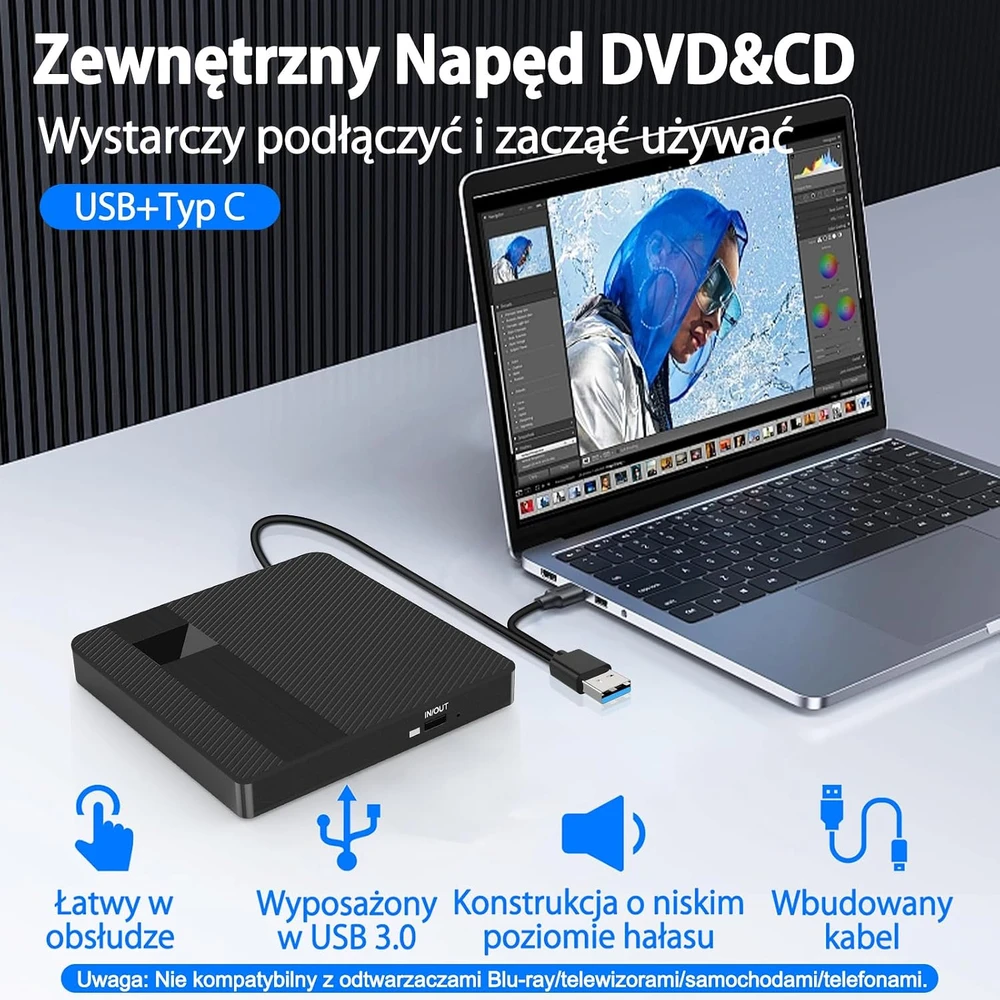 BNEHHOV išorinis CD/DVD įrašymo įrenginys su USB 3.0 ir USB-C, modelis 06EU