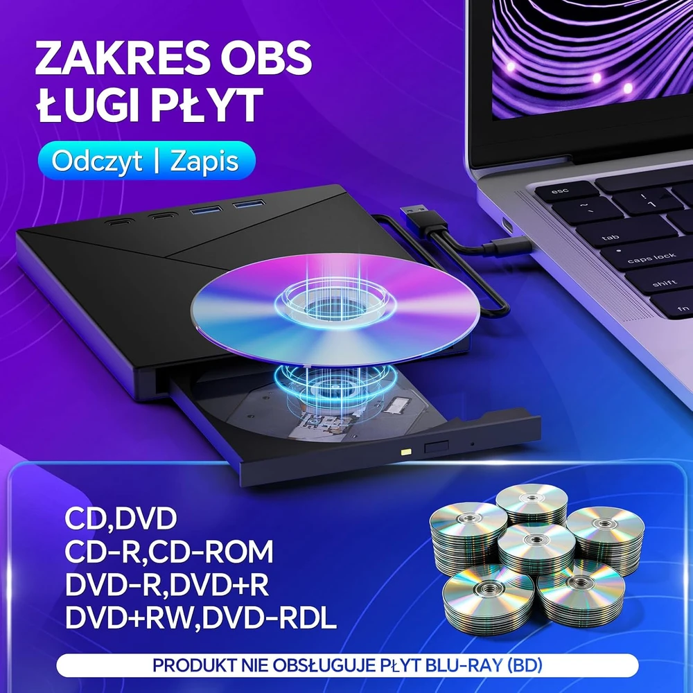 BNEHHOV išorinis CD/DVD įrenginys su USB 3.0 šakotuvu ir SD/TF kortelių skaitytuvu