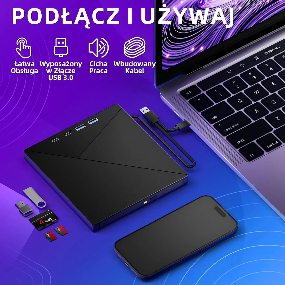 BNEHHOV išorinis CD/DVD įrenginys su USB 3.0 šakotuvu ir SD/TF kortelių skaitytuvu
