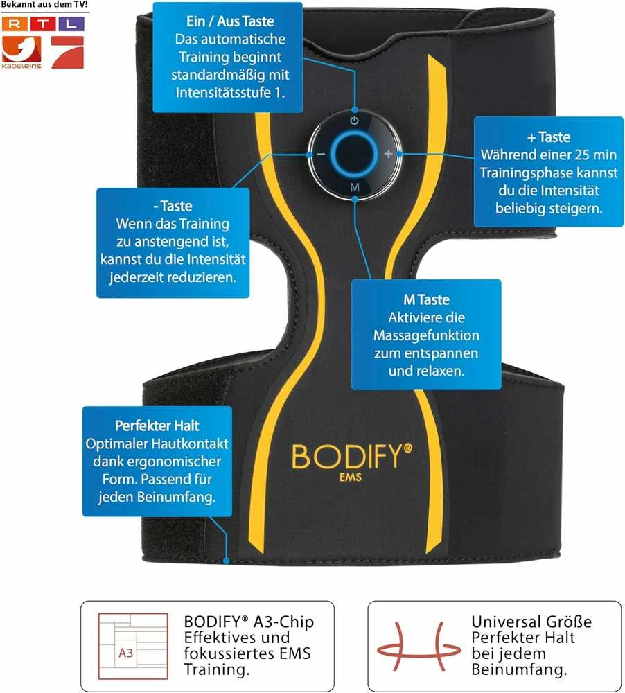 Bodify EMS Noga Trainer Pro elektromiostimuliacijos diržas kojų raumenims, neopreninis, juodas