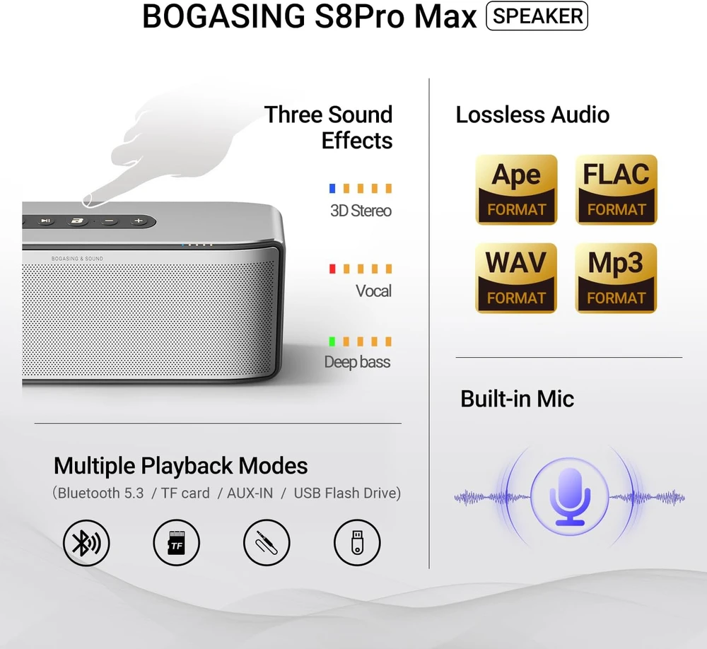 BOGASING belaidė Bluetooth kolonėlė, 100 W, 3 kanalų, DSP, mikrofonas, S8 Pro Max