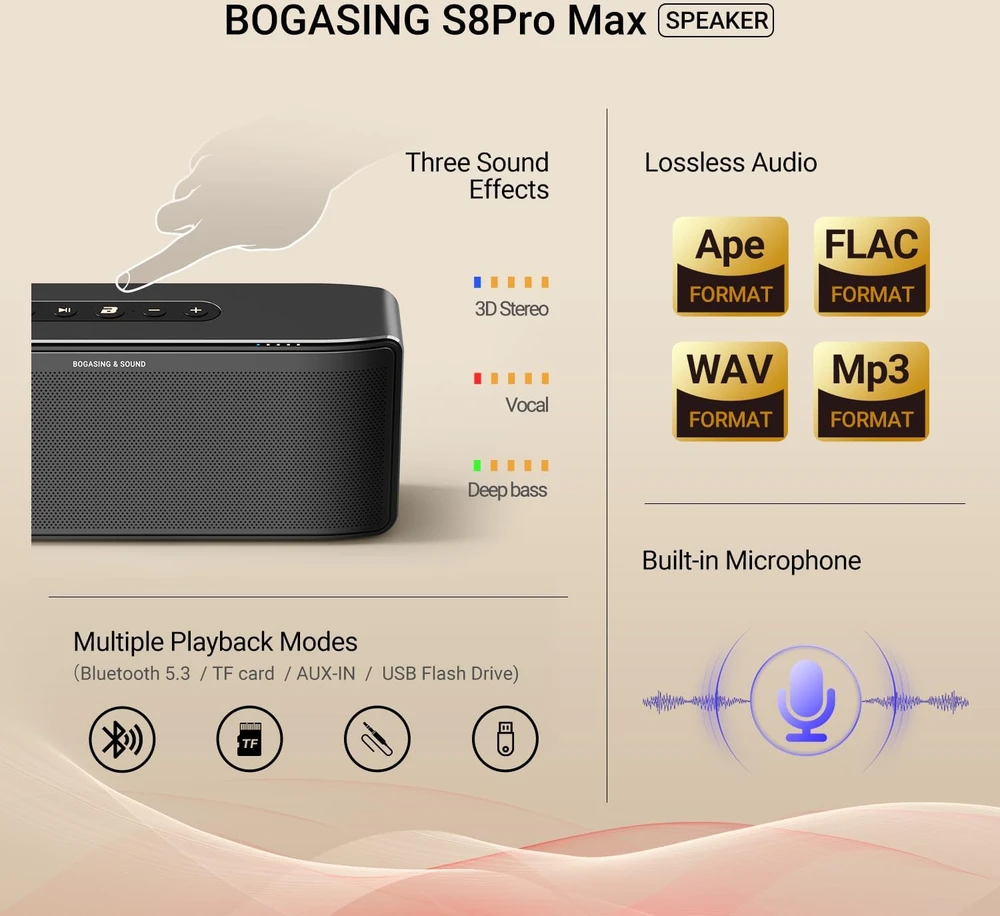 BOGASING belaidė Bluetooth kolonėlė S8 Pro Max, 100 W, vandeniui atspari, iki iki 30 val. grojimo laikas, juoda