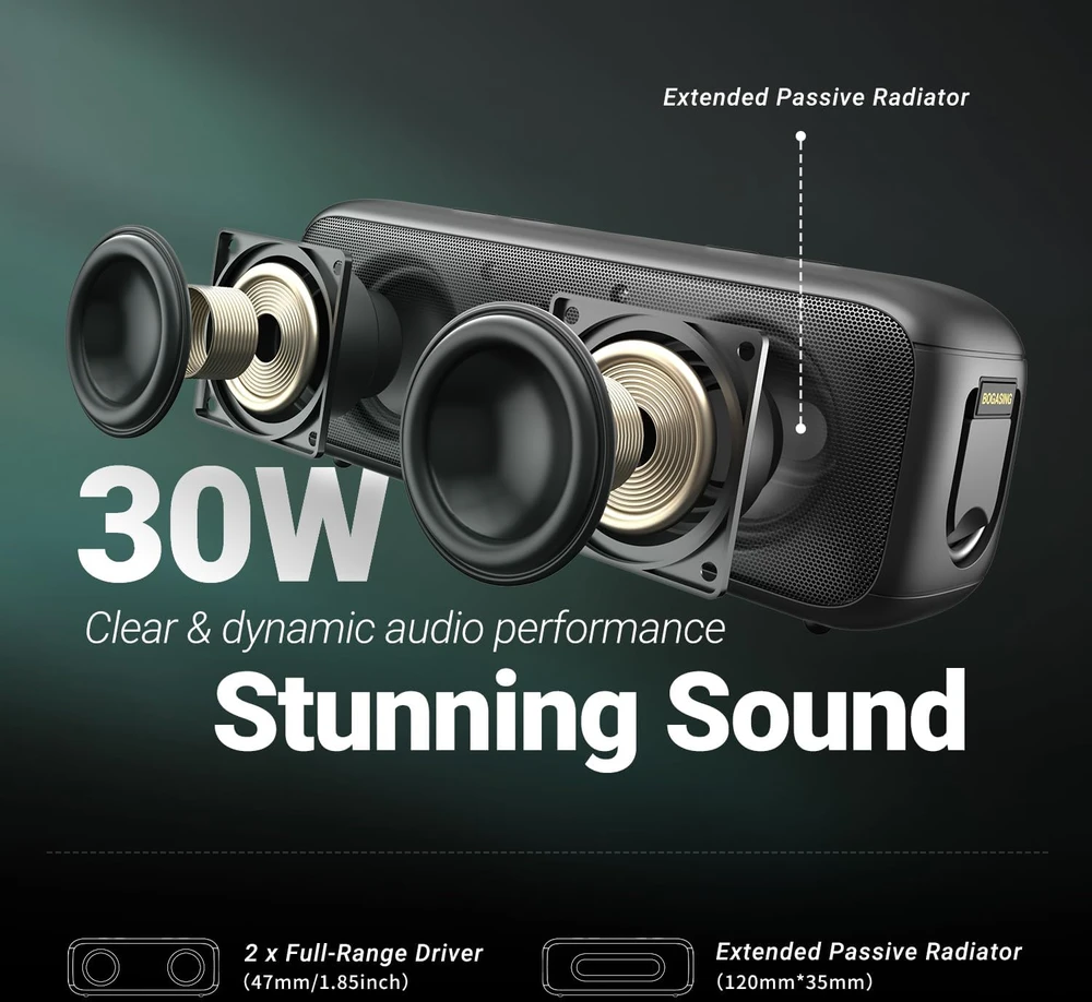 BOGASING nešiojama Bluetooth kolonėlė 30 W, atspari vandeniui, 35 h grojimo laikas, Bluetooth 5.3, G6