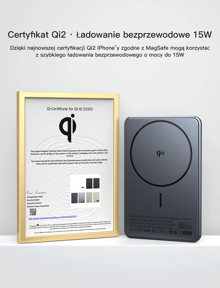 Bolvunes magnetinis belaidis išorinis akumuliatorius 5000 mAh 15 W, USB-C, su skaitmeniniu ekranu, Qi2, MagSafe