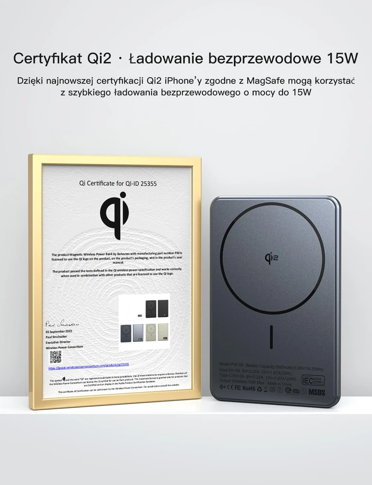Bolvunes magnetinis belaidis išorinis akumuliatorius 5000 mAh 15 W, USB-C, su skaitmeniniu ekranu, Qi2, MagSafe