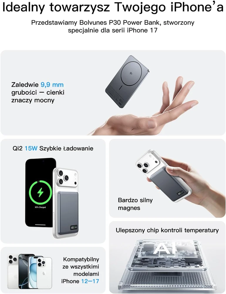 Bolvunes magnetinis belaidis išorinis akumuliatorius 5000 mAh 15 W, USB-C, su skaitmeniniu ekranu, Qi2, MagSafe