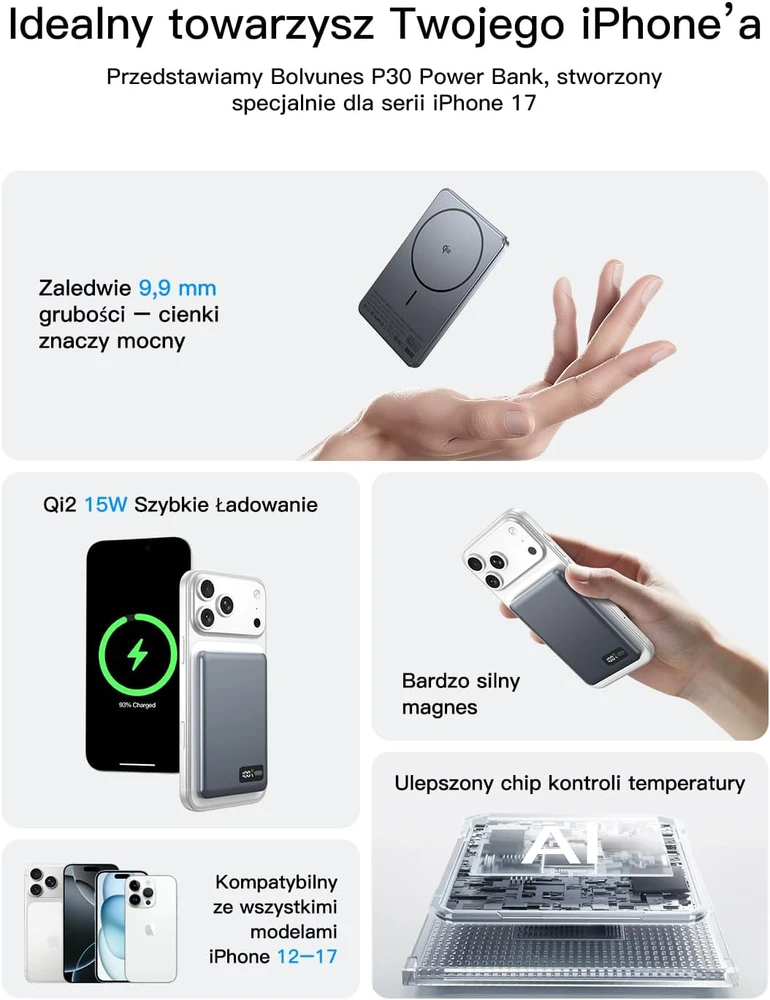 Bolvunes magnetinis belaidis išorinis akumuliatorius 5000 mAh 15 W, USB-C, su skaitmeniniu ekranu, Qi2, MagSafe