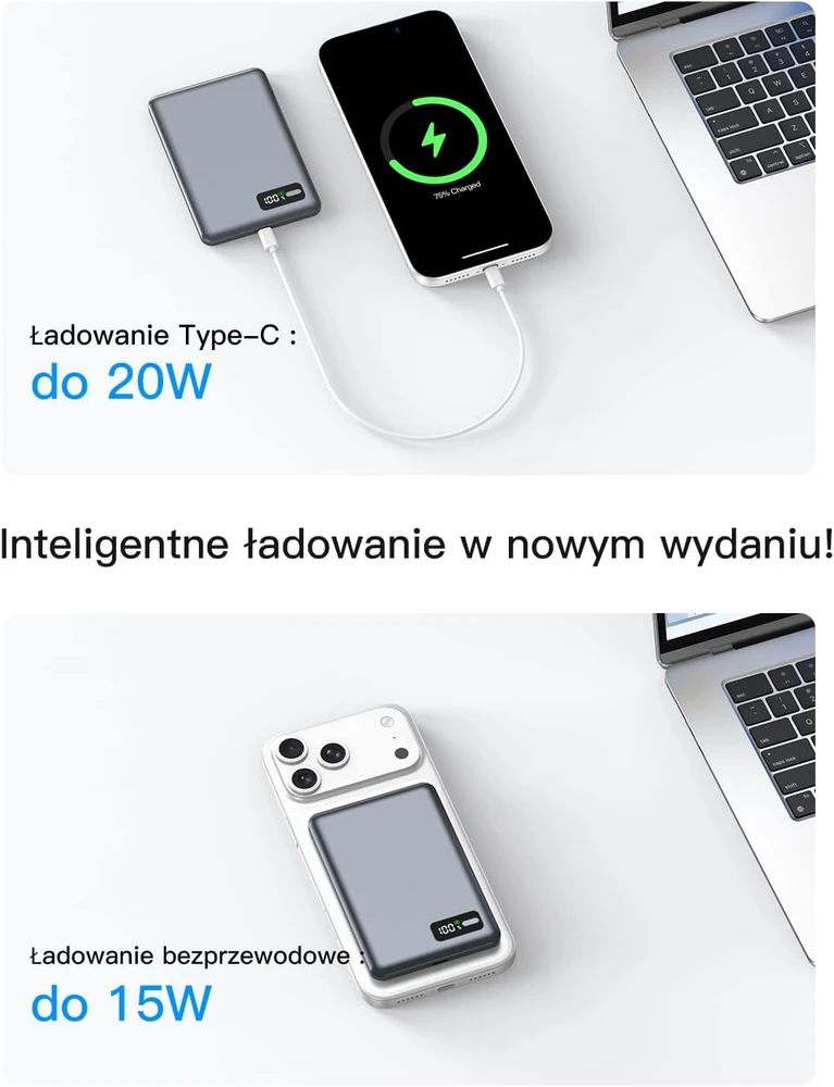 Bolvunes magnetinis belaidis išorinis akumuliatorius 5000 mAh 15 W, USB-C, su skaitmeniniu ekranu, Qi2, MagSafe