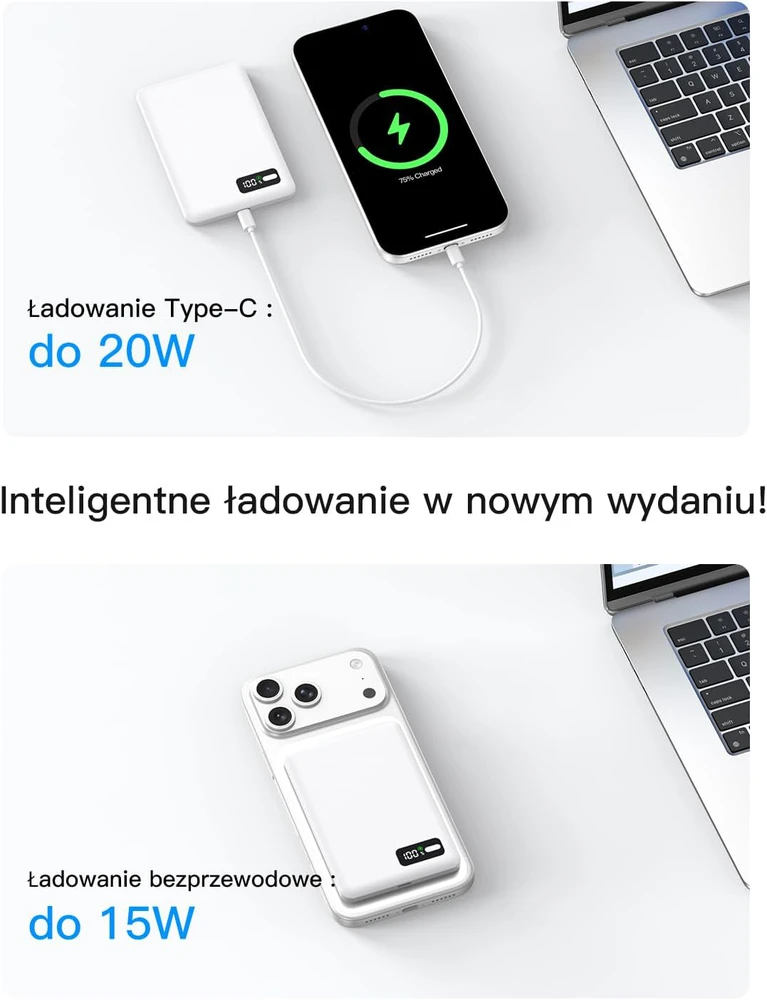 Bolvunes magnetinis išorinis akumuliatorius 5000 mAh 15 W MagSafe, USB-C, belaidis krovimas, baltas