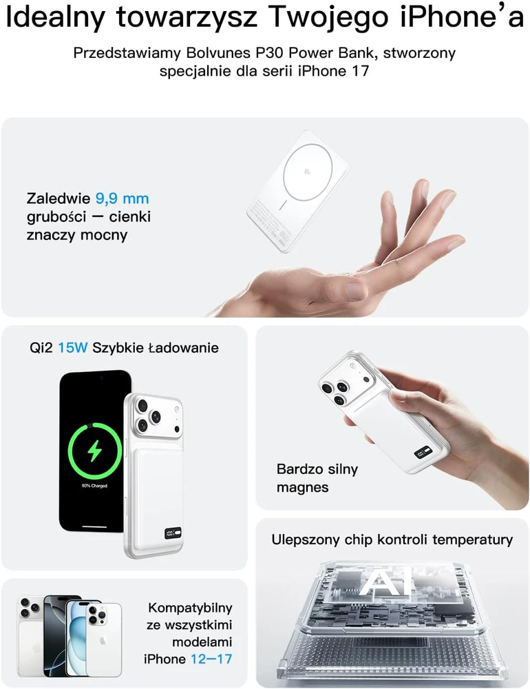 Bolvunes magnetinis išorinis akumuliatorius 5000 mAh 15 W MagSafe, USB-C, belaidis krovimas, baltas