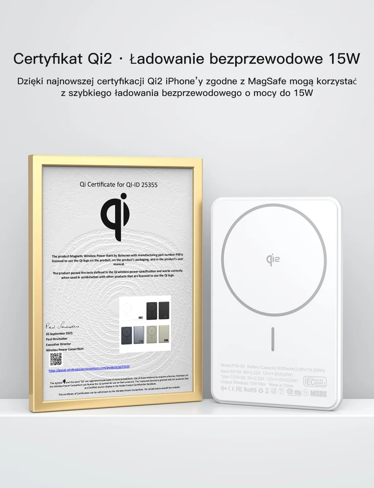 Bolvunes magnetinis išorinis akumuliatorius 5000 mAh 15 W MagSafe, USB-C, belaidis krovimas, baltas